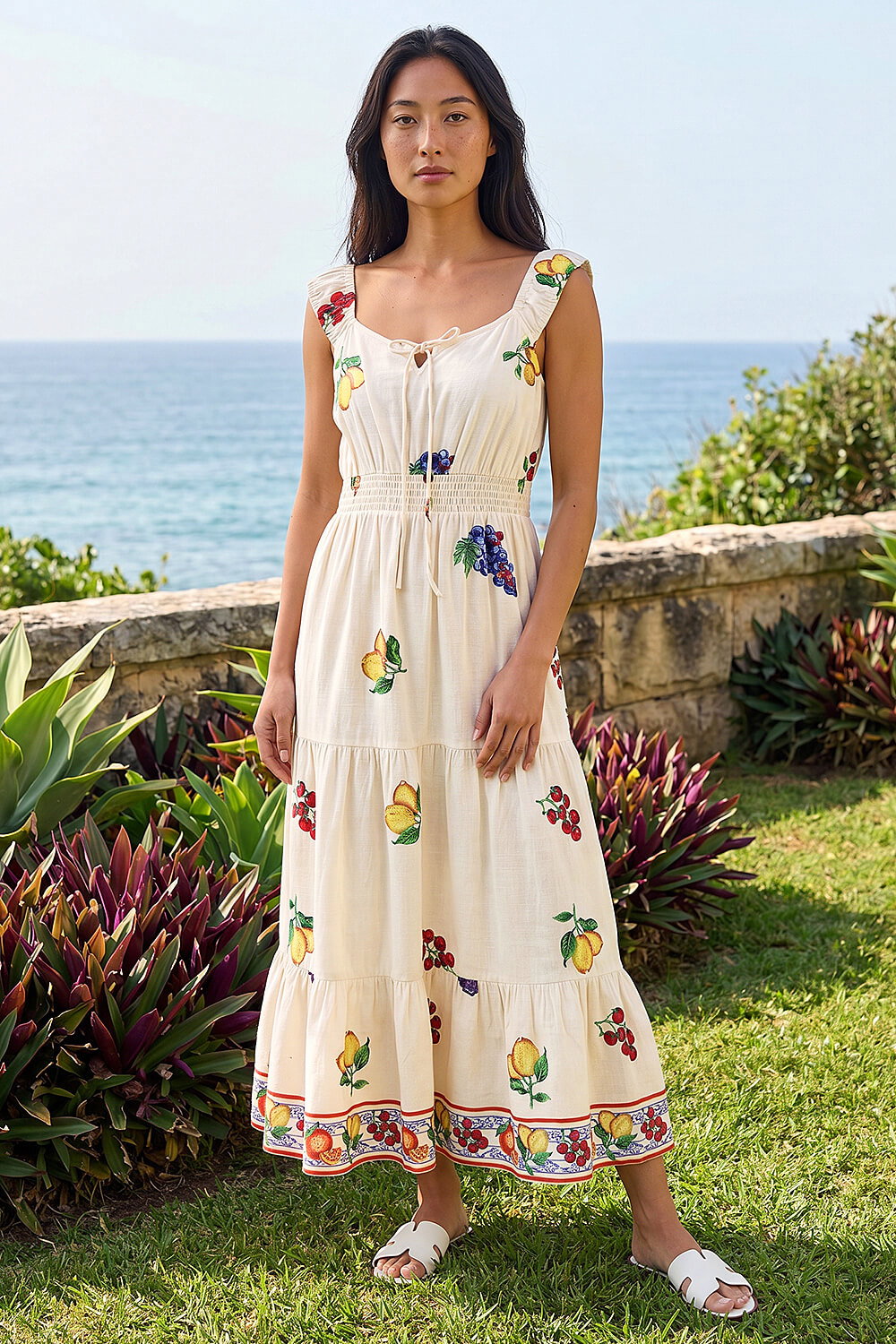 Roman Petite Women's Natural Fruit Print Strappy Midi Dress Size 10