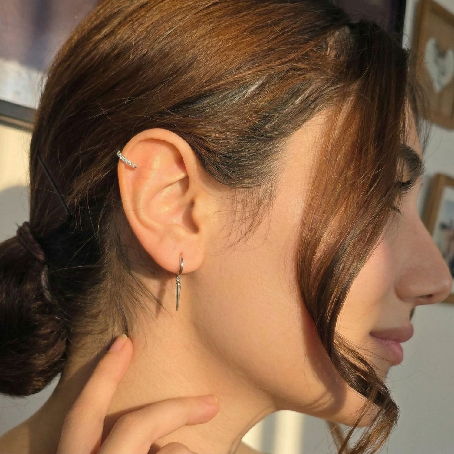 Silver Dainty Spike Huggie Small Hoop Sterling Silver Earrings, Image 3 of 5