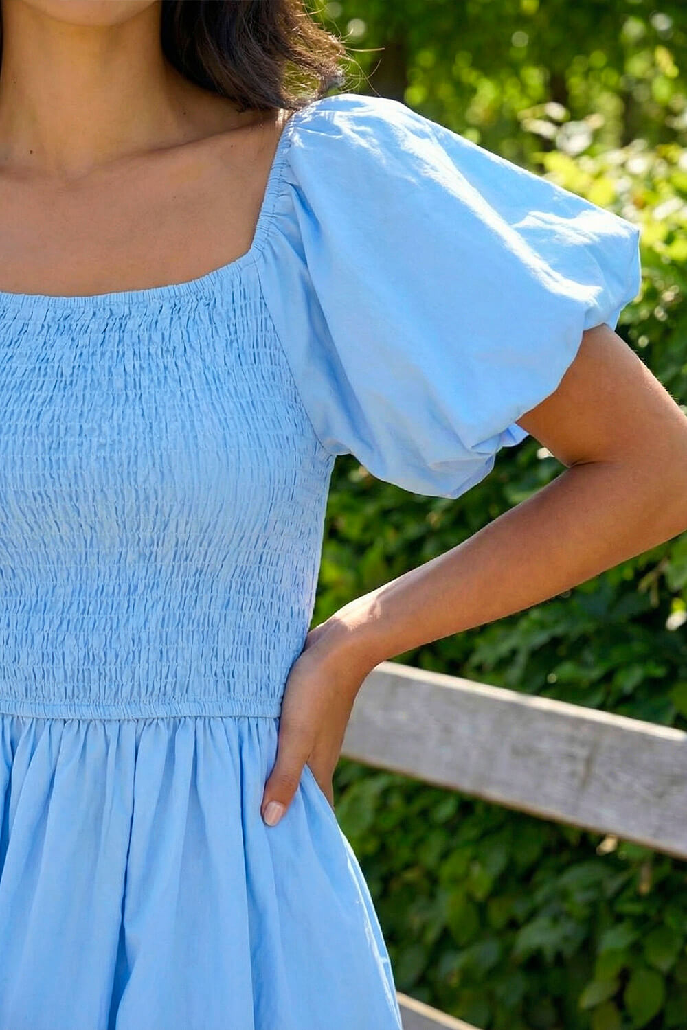 Light Blue  Dusk Puff Sleeve Shirred Dress, Image 5 of 4