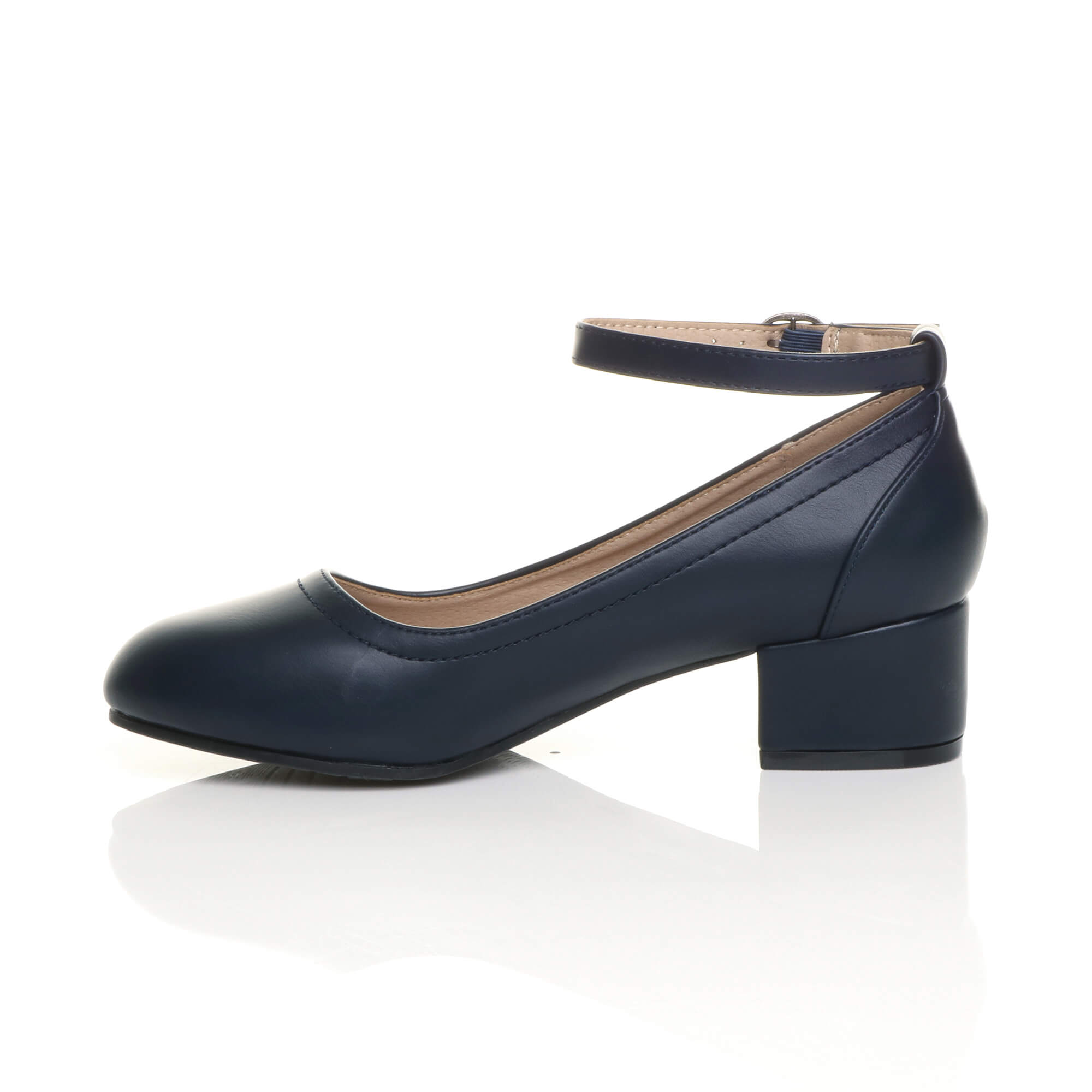 Navy Blue AJVANI Navy Blue Low Block Heel Ankle Strap Court Shoes, Image 3 of 6