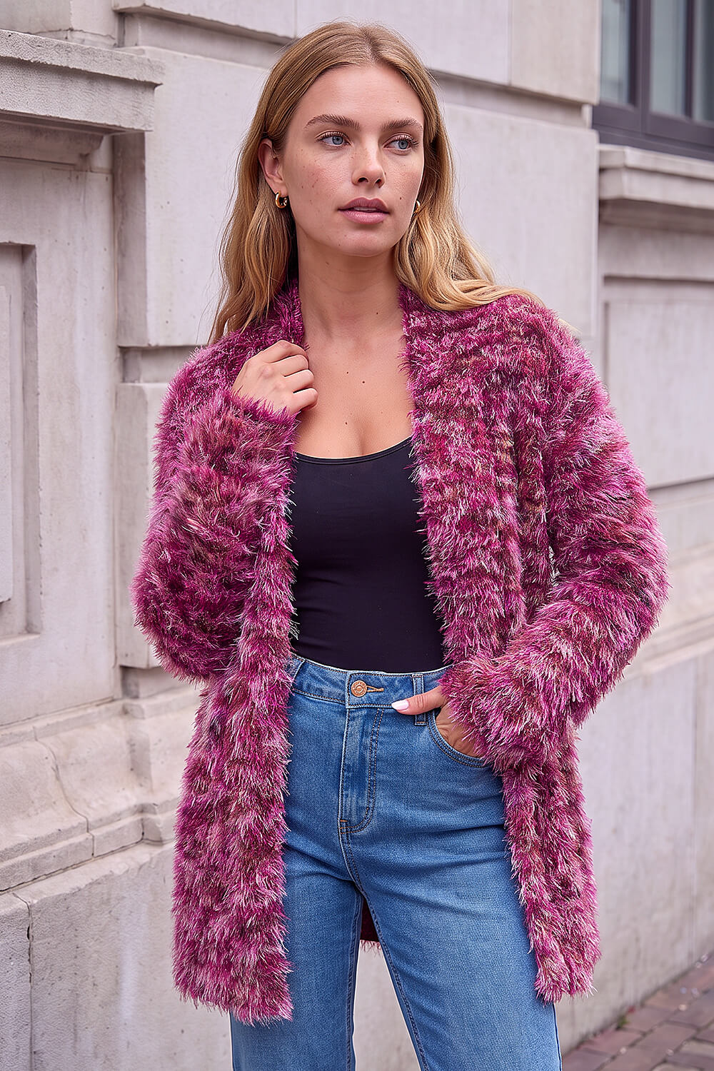 Roman Women's Bordeaux Multi Fluffy Cardigan Size 16