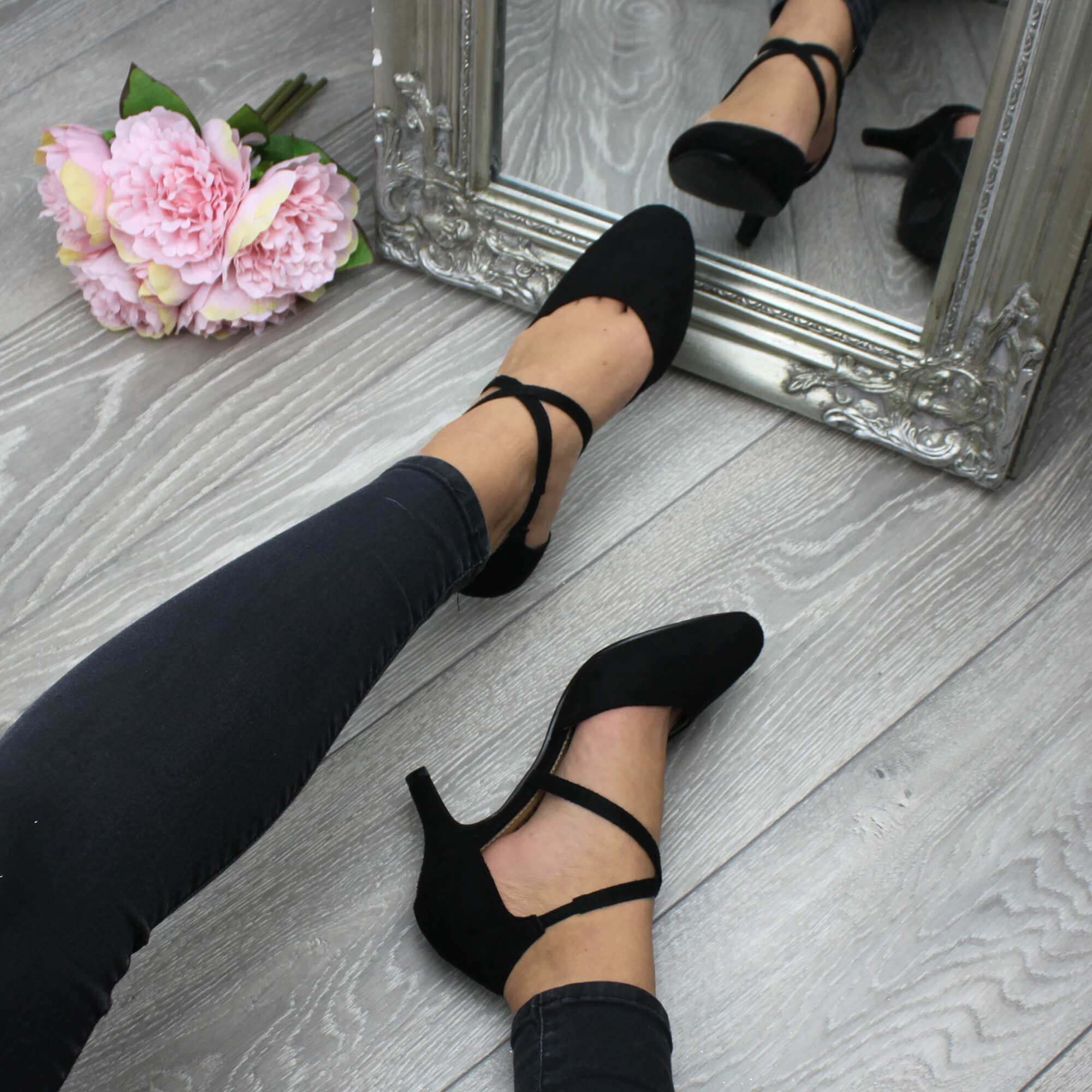 Black AJVANI Black Mid Heel Crossed Straps Court Shoes, Image 5 of 6