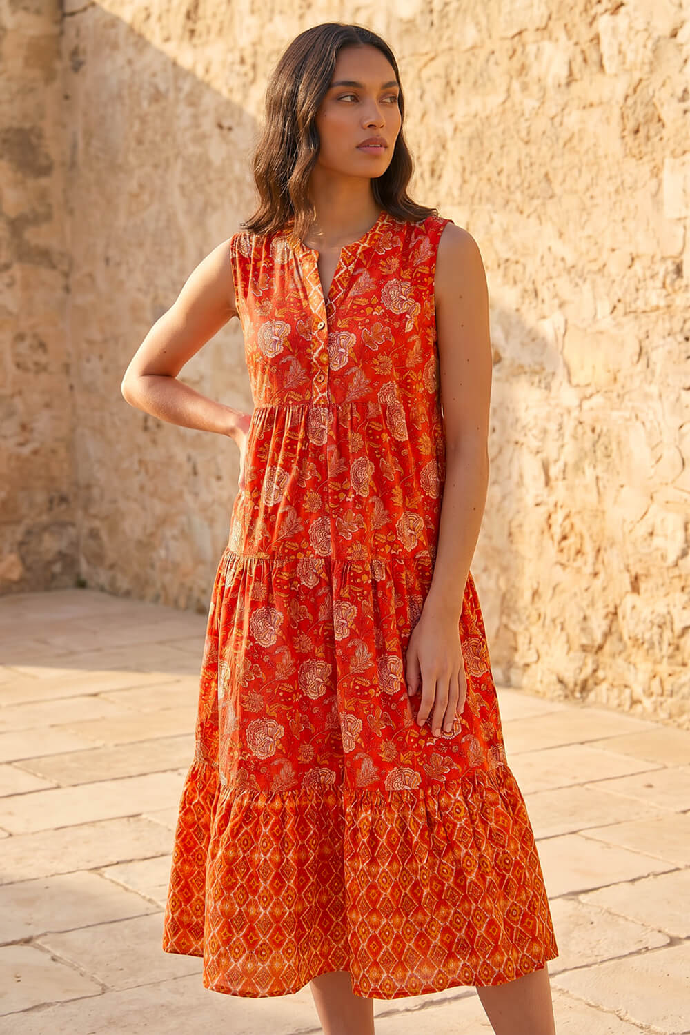 Orange Floral Print Contrast Swing Dress , Image 3 of 4