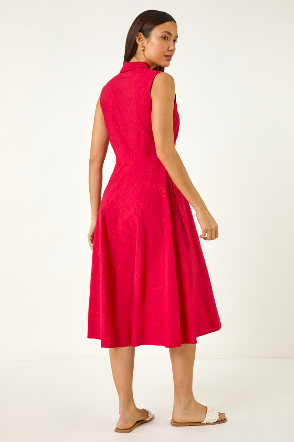 Red Embroidered Buttoned Midi Dress, Image 4 of 5