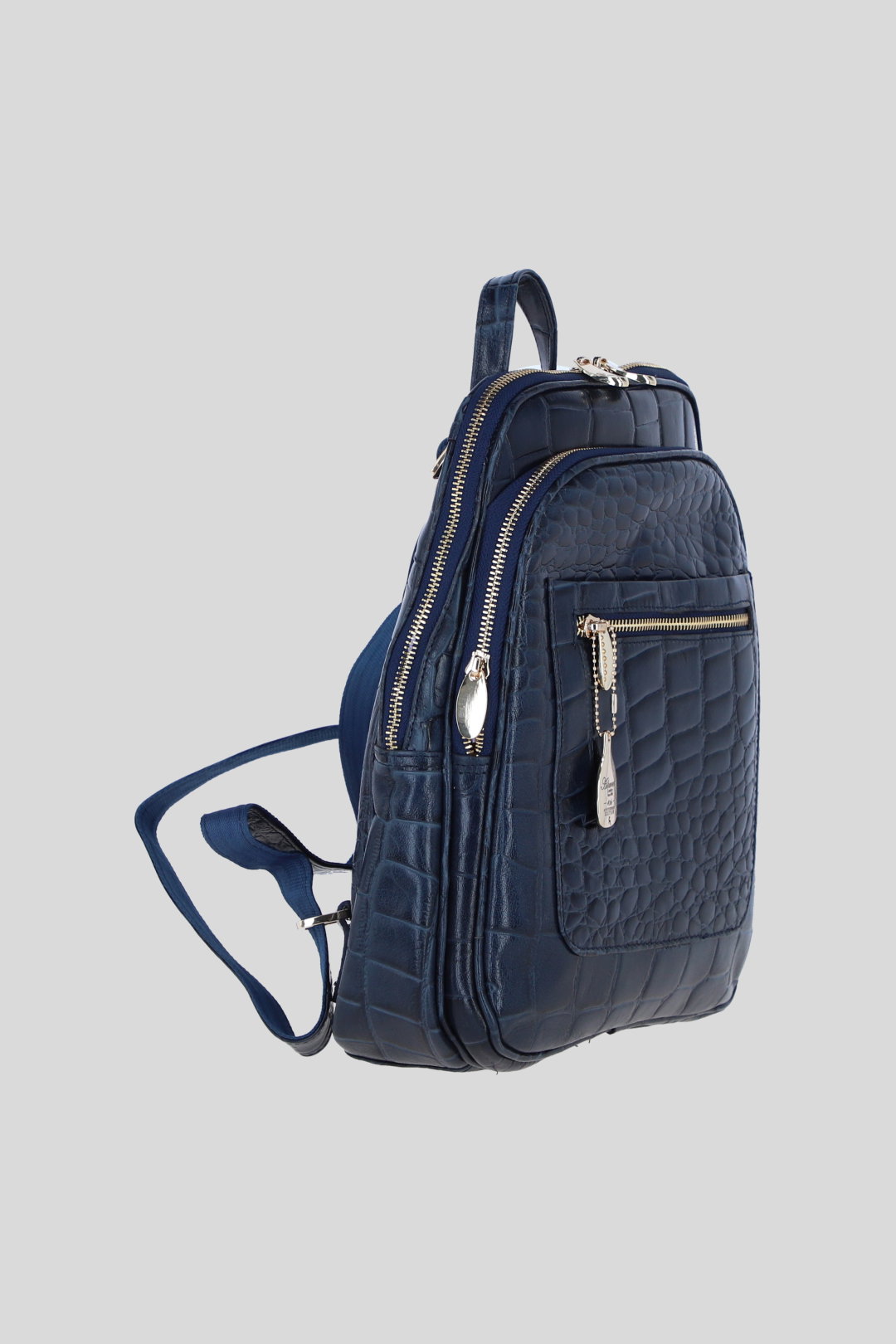 Navy Real Leather Backpack with Multiple Pockets and Gold-Tone Hardware, Image 4 of 4