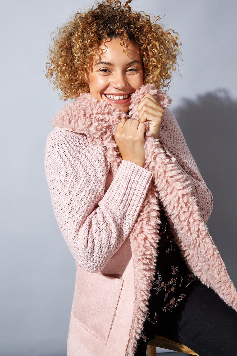 Pink Longline Faux Shearling Knit Coatigan, Image 5 of 4