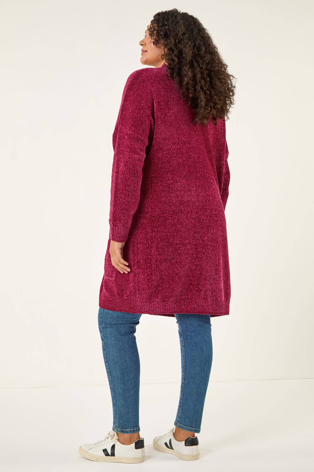 Red Curve Textured Chenille Knit Cardigan, Image 5 of 7