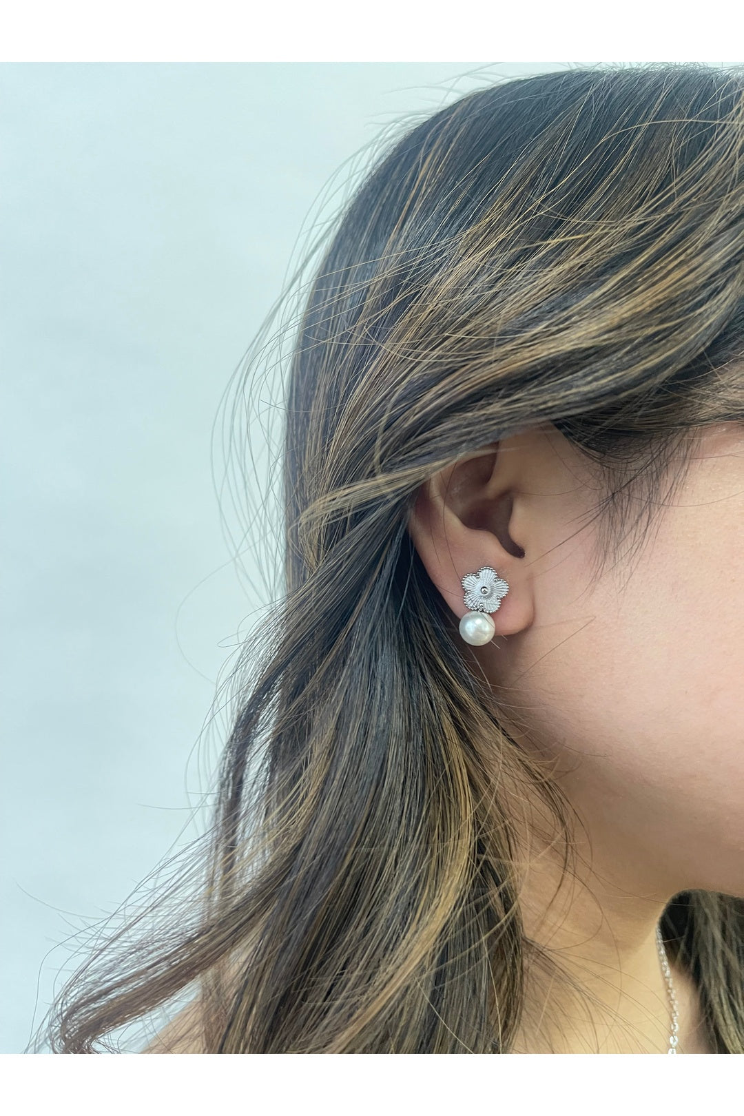 Silver Floral Pearl Stud Earrings in Silver, Image 4 of 4