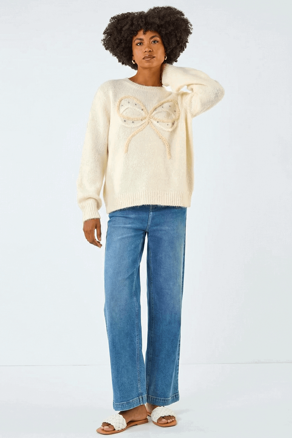 Ivory Faux Pearl Bow Knit Crew Jumper, Image 3 of 5