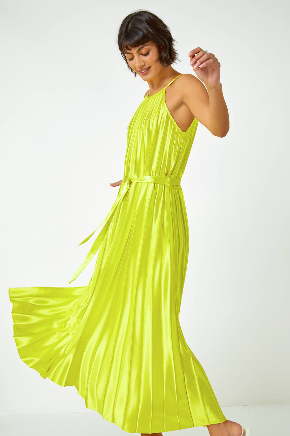 Lime Sleeveless Pleated Halter Neck Midi Dress, Image 3 of 5