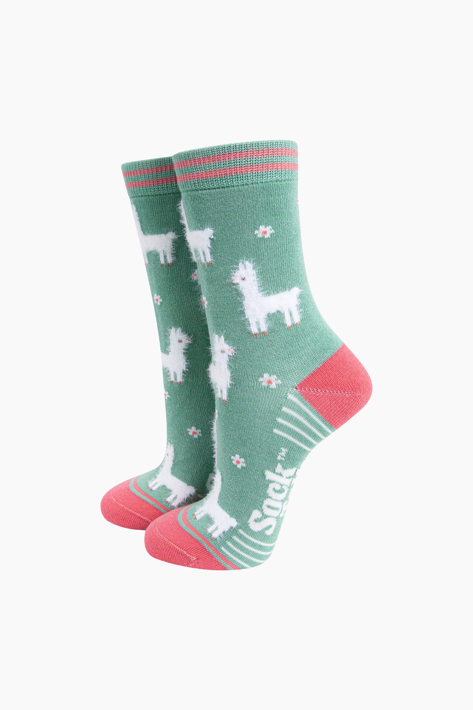 Mint Llama Floral Fluffy Bamboo Socks in Green, Image 1 of 4