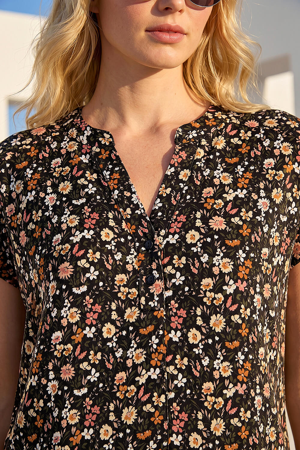 Pink Floral Puff Print Notch Neck Top, Image 5 of 4