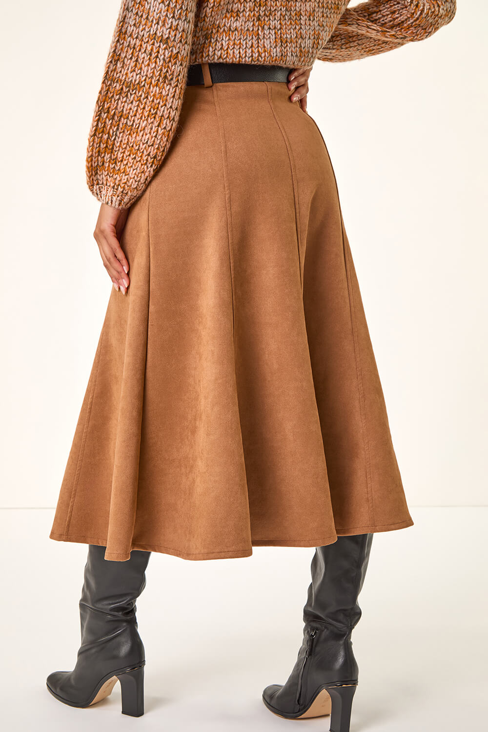 Rust Belted Faux Suede Midi Skirt, Image 5 of 5