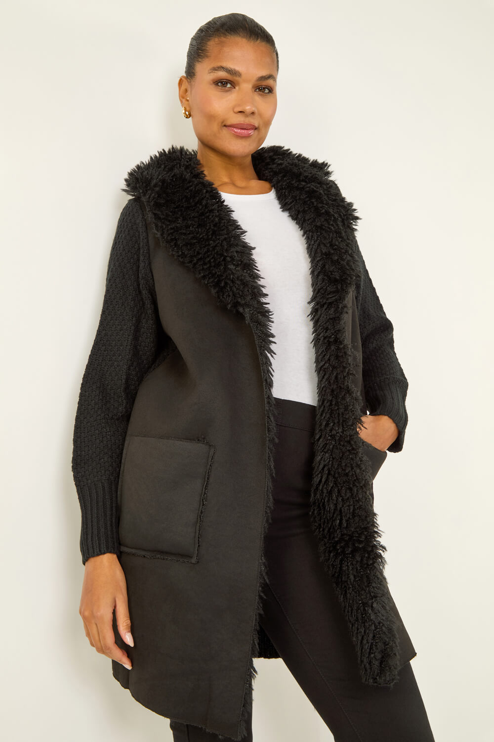 Black Longline Faux Shearling Knit Coatigan, Image 1 of 5