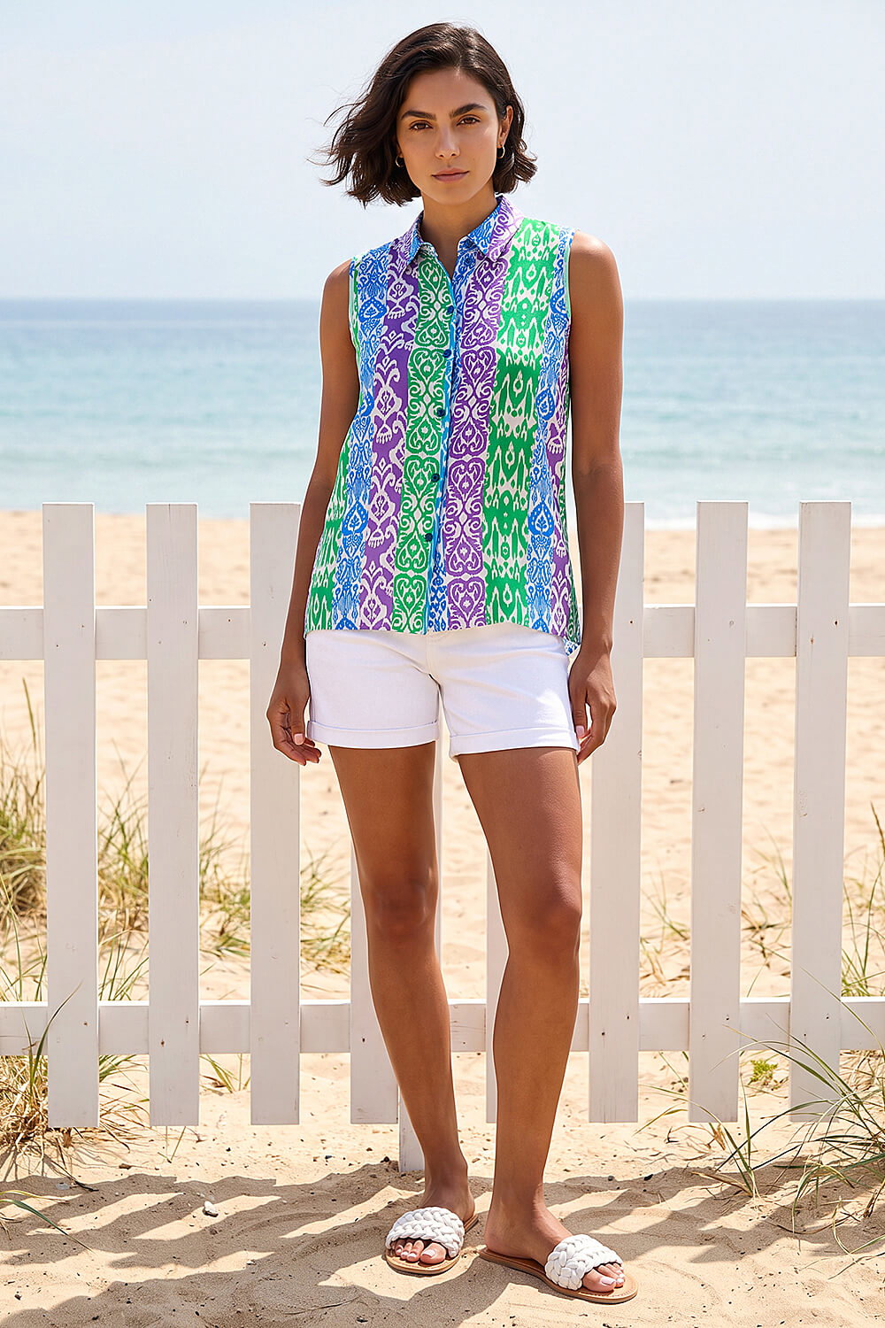 Blue Ikat Print Button Up Blouse, Image 4 of 4