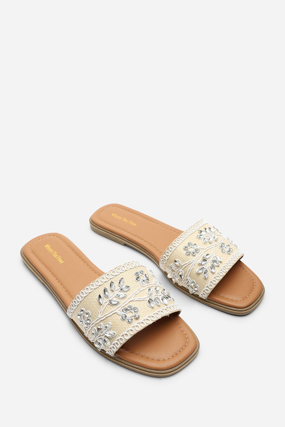 Cream Karter Embellished Canvas Slide On Sandals, Image 5 of 6