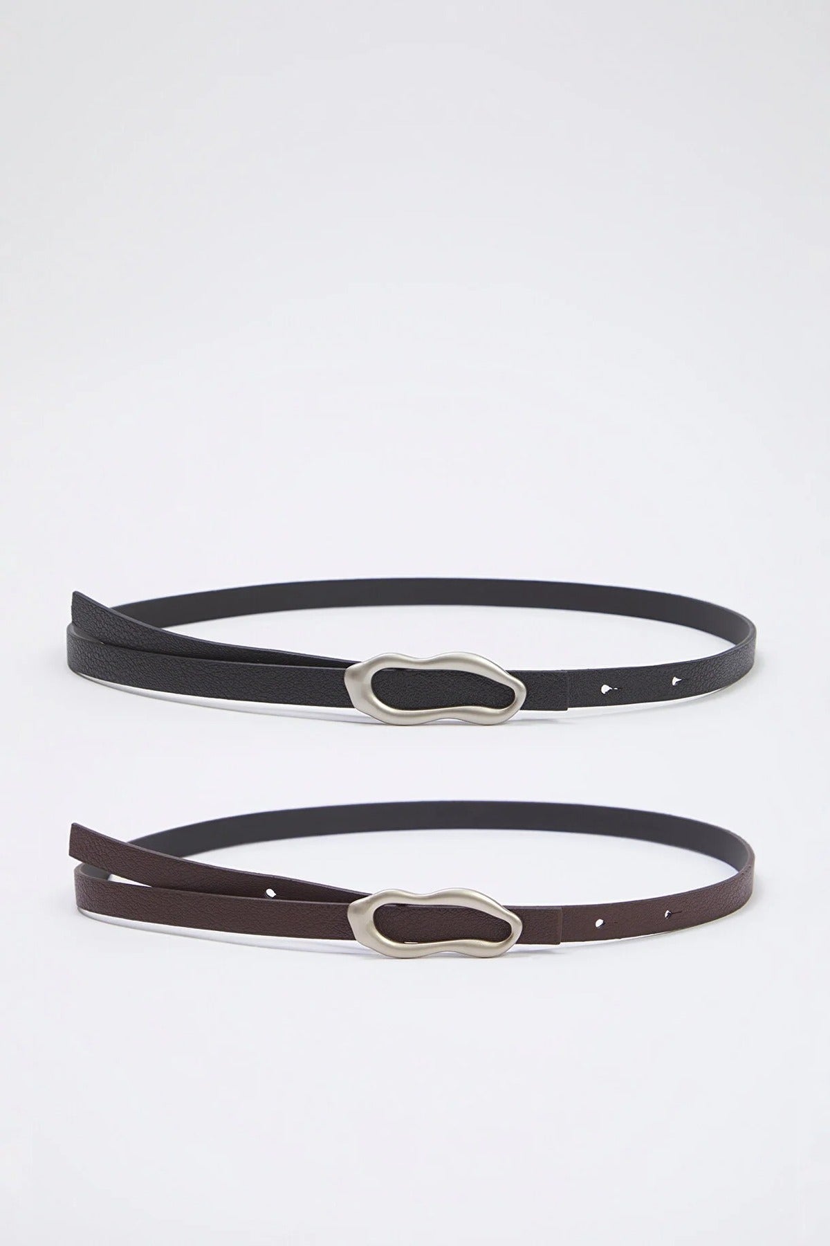 Multi Double Pack Silver Sculptural Buckle Slim Faux Leather Belt, Image 1 of 2