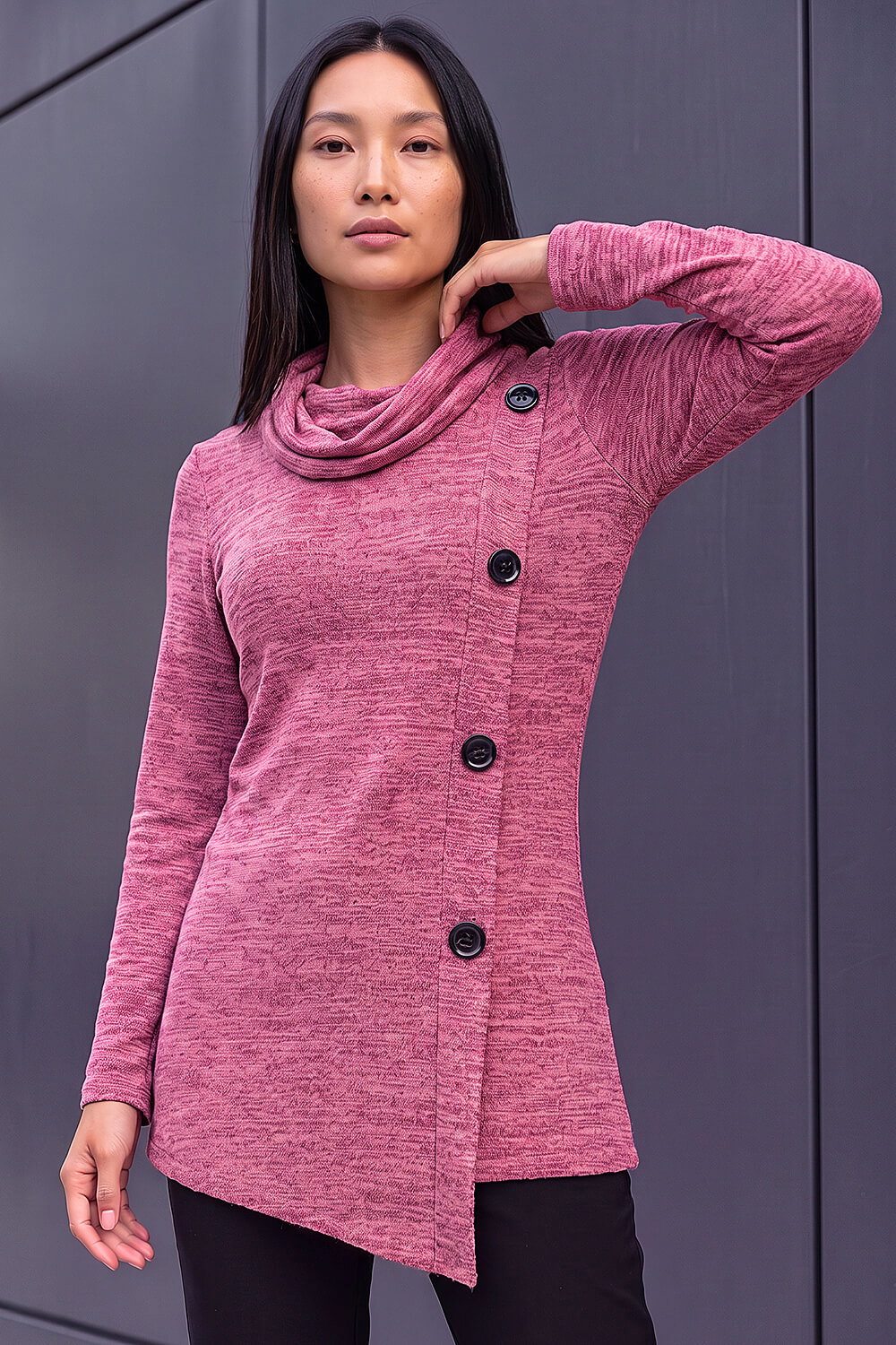 Roman Women's Red Cowl Neck Button Stretch Top Size 14