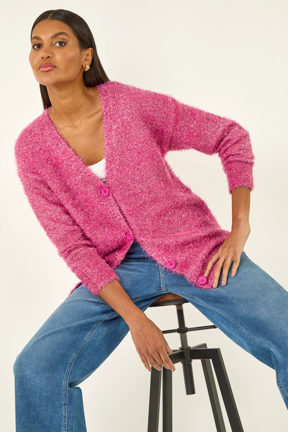 Cerise Buttoned Tinsel Knit Cardigan, Image 5 of 8