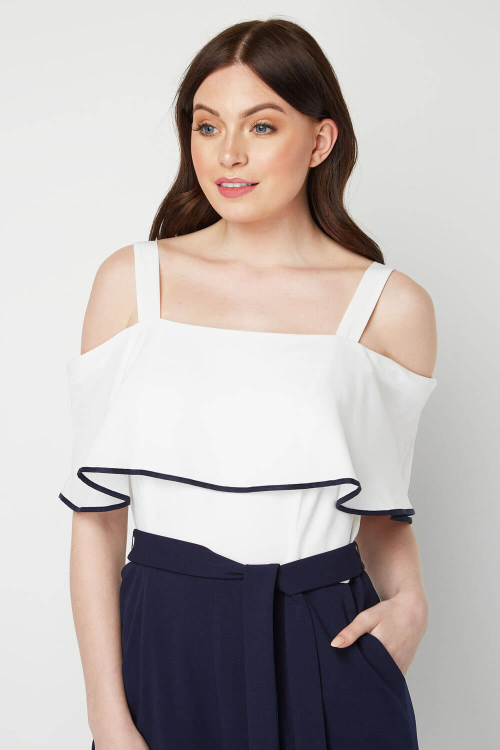 Navy Cold Shoulder Frill Detail Jumpsuit, Image 4 of 4