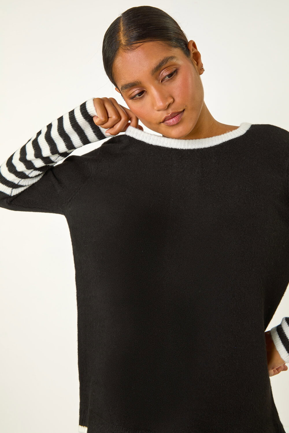 Black Contrast Stripe Detail Knit Jumper, Image 3 of 5