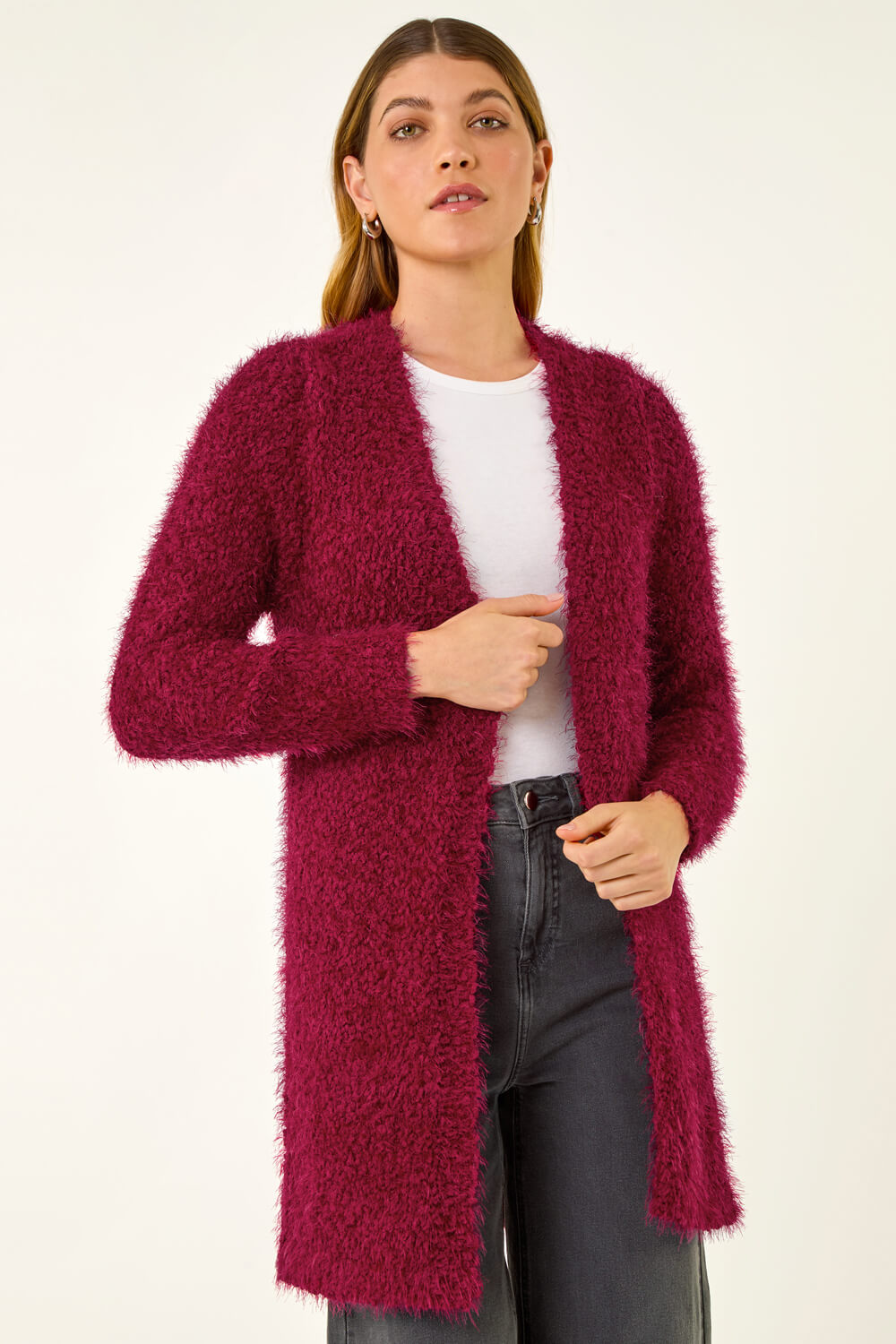 Red Textured Longline Knit Cardigan, Image 5 of 5
