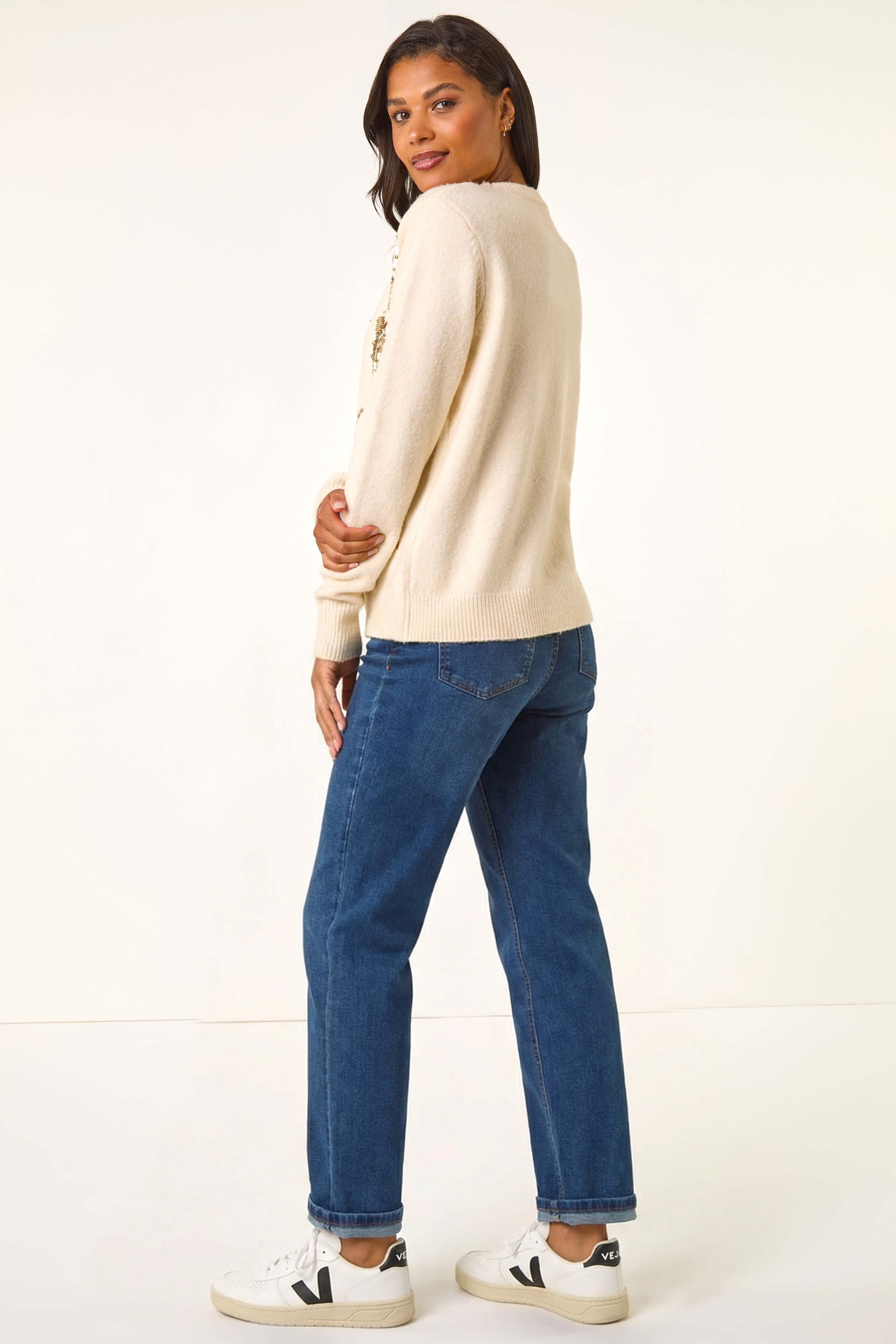 Ivory  Sequin Floral Knit Jumper, Image 4 of 5