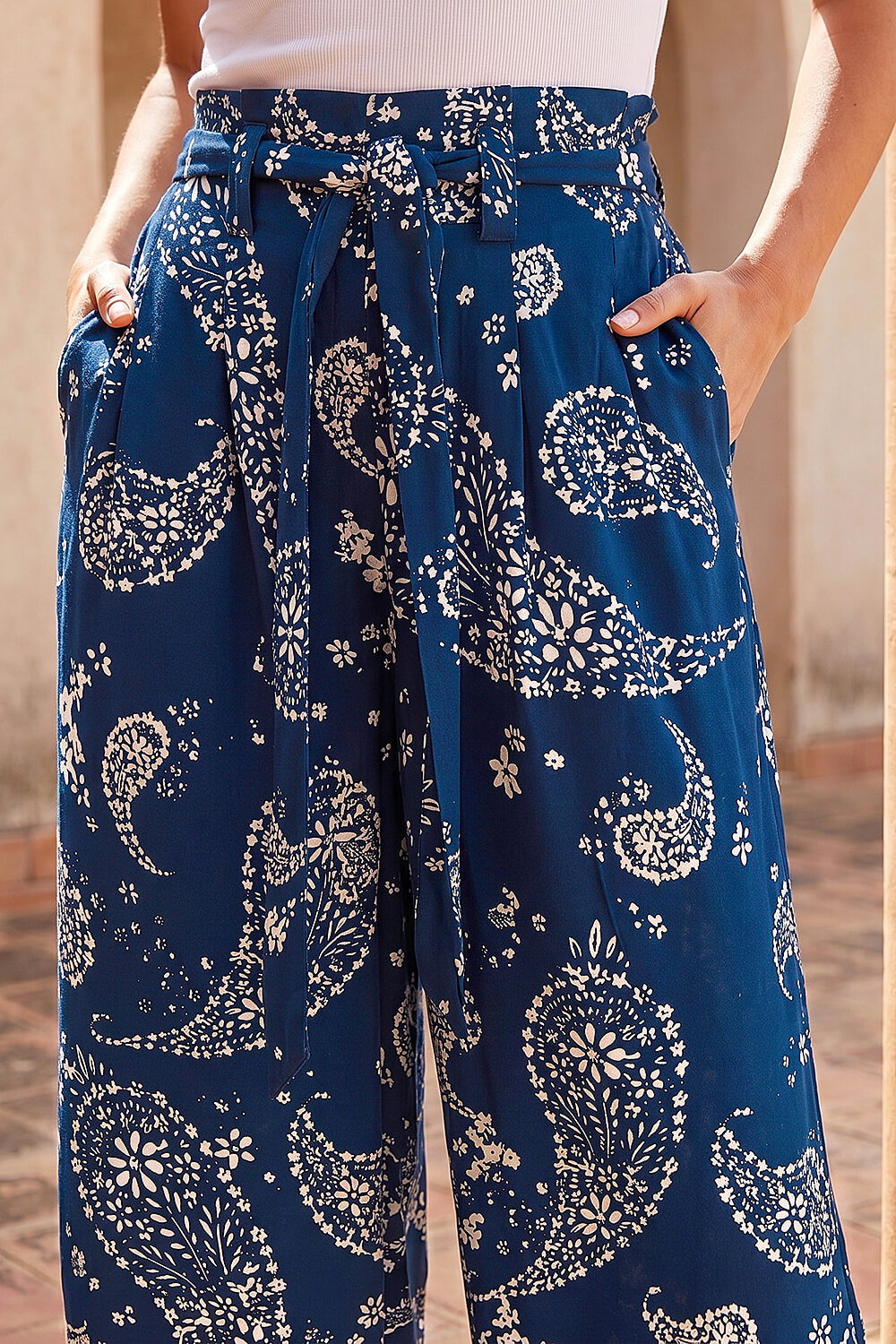 Navy Paisley Print Wide Leg Cropped Trousers, Image 5 of 4