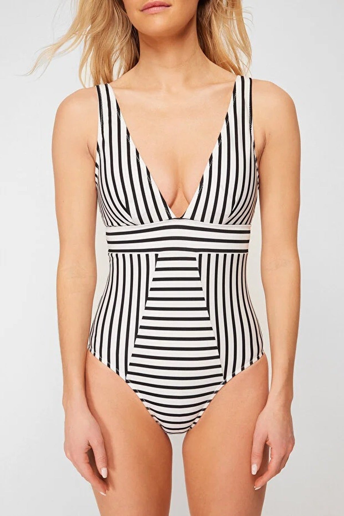 Multi Striped Plunge Neck Panelled Swimsuit, Image 3 of 4