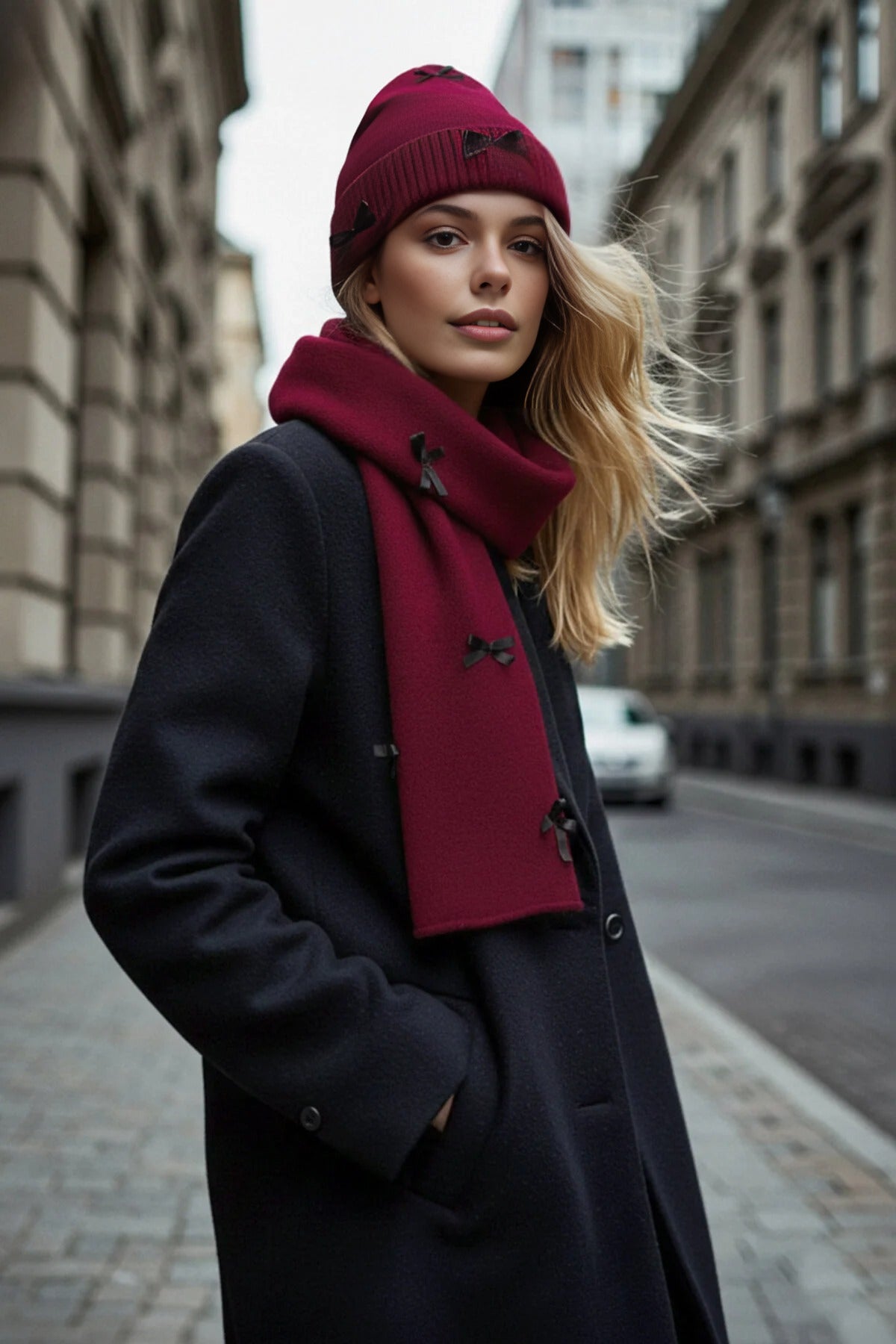 Burgundy WOVCOR Burgundy Ribbon Bow Detail Knit Scarf and Beanie Set, Image 1 of 4