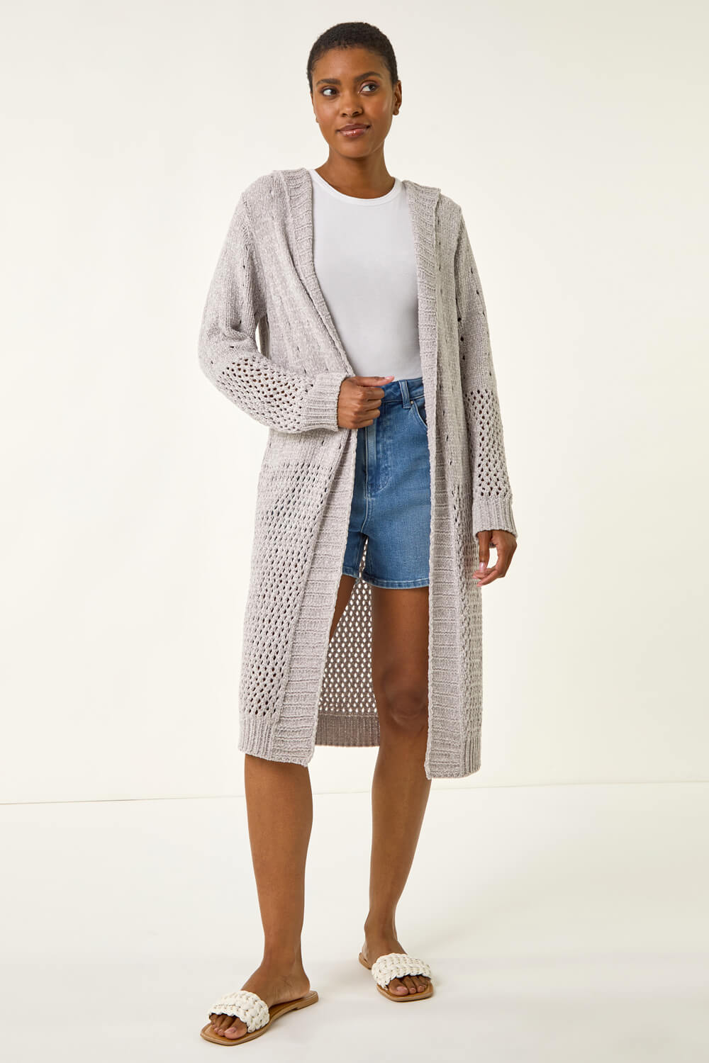 Grey Soft Chenille Hooded Cardigan, Image 4 of 5