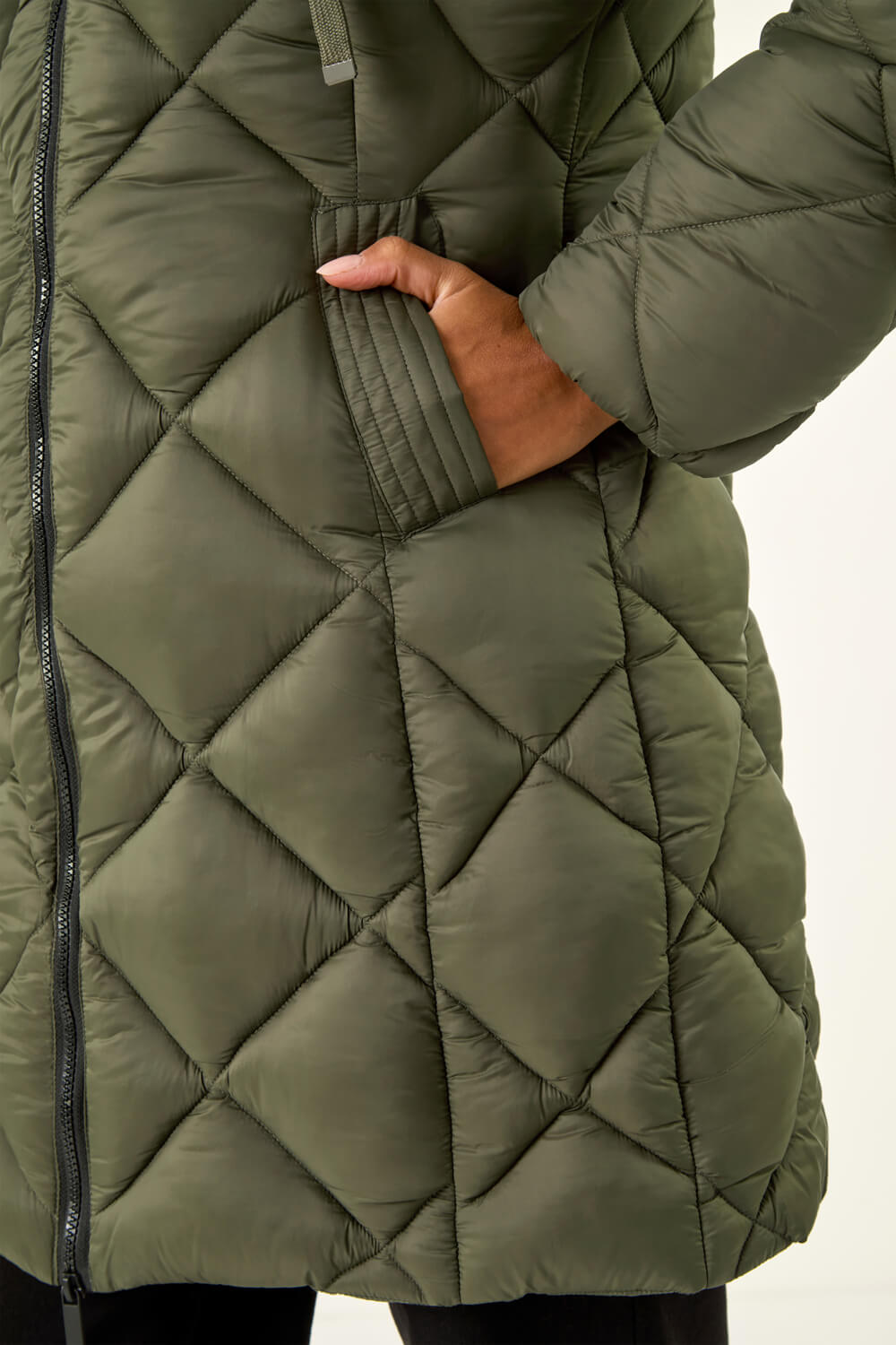 Khaki Hooded Diamond Quilt Padded Coat, Image 5 of 5