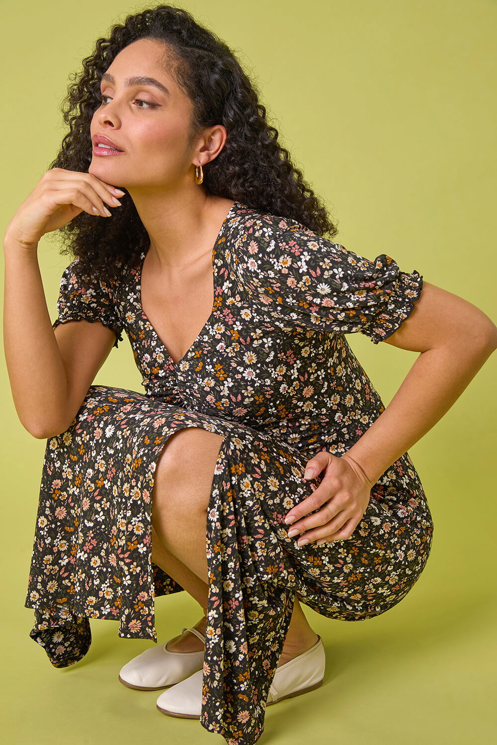 Pink Floral Ruched Midi Dress, Image 8 of 7