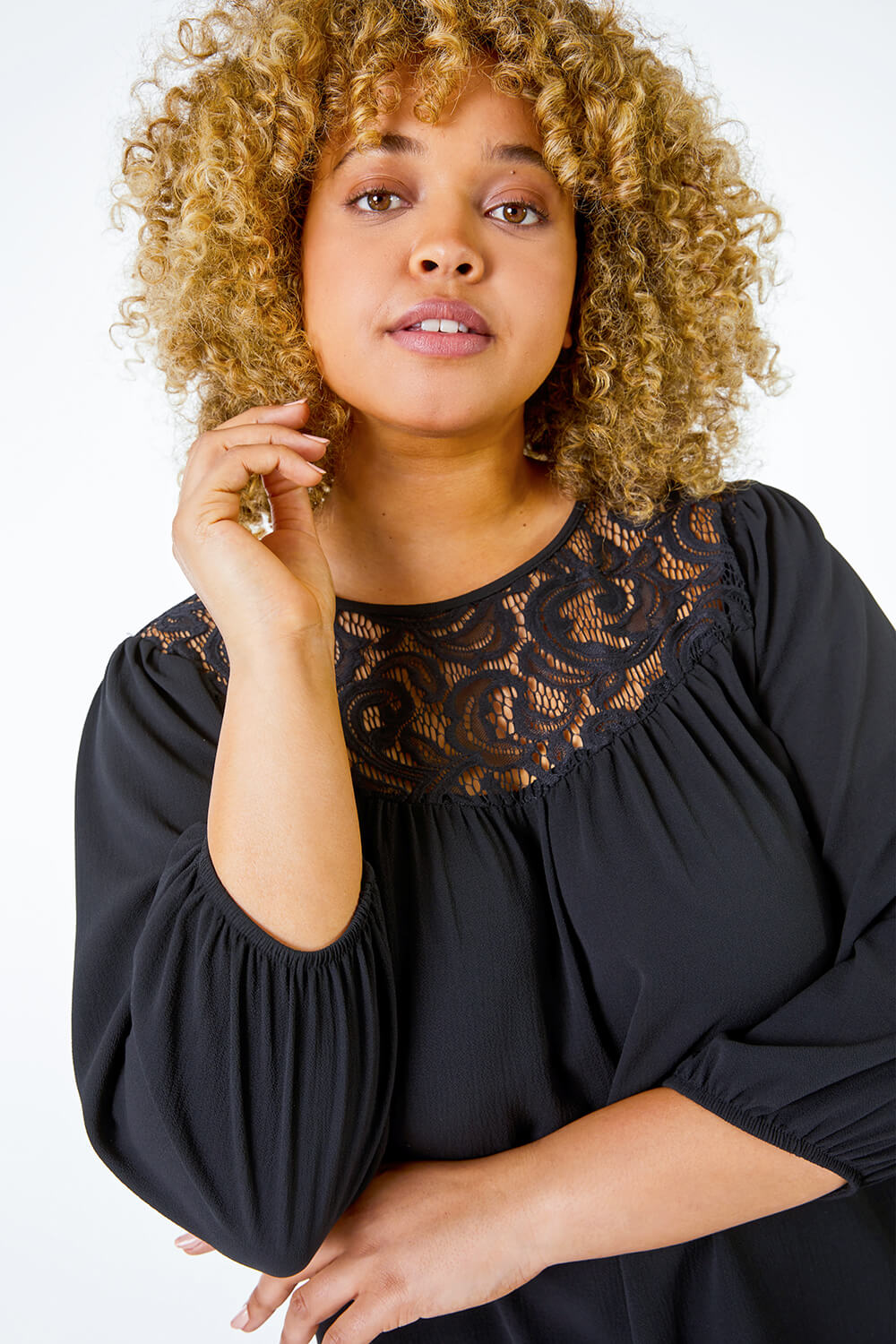 Black Curve Lace Panel Stretch Top, Image 5 of 5