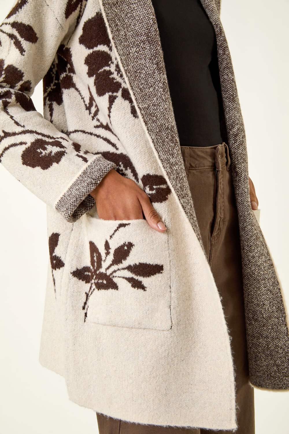 Beige Floral Hooded Knit Cardigan, Image 6 of 5