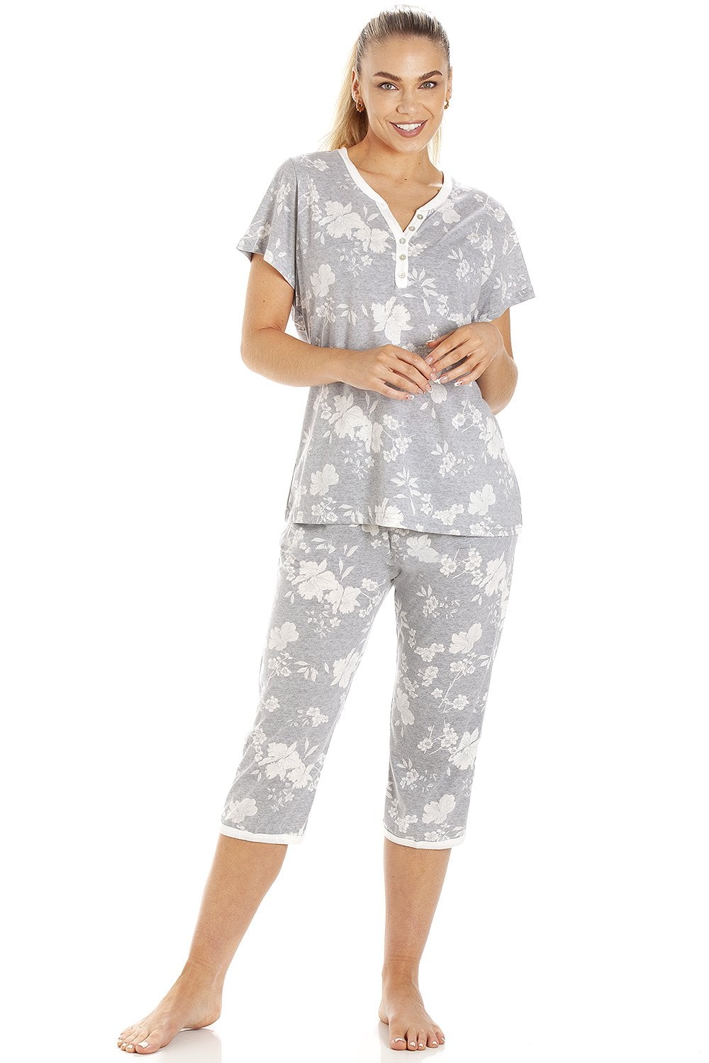 Light Grey Camille Lingerie Light Grey Lightweight Floral Capri Pyjama Set, Image 2 of 5