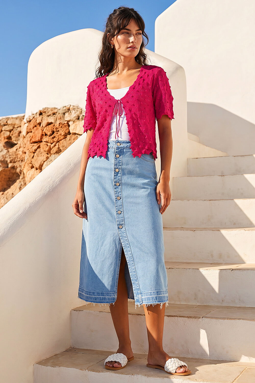 Cerise Textured Tie Front Shrug, Image 4 of 4