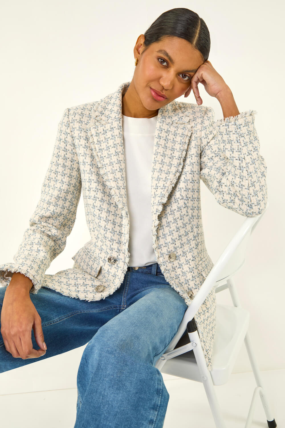 Roman Women's Blue Boucle Frayed Edge Jacket Size 18