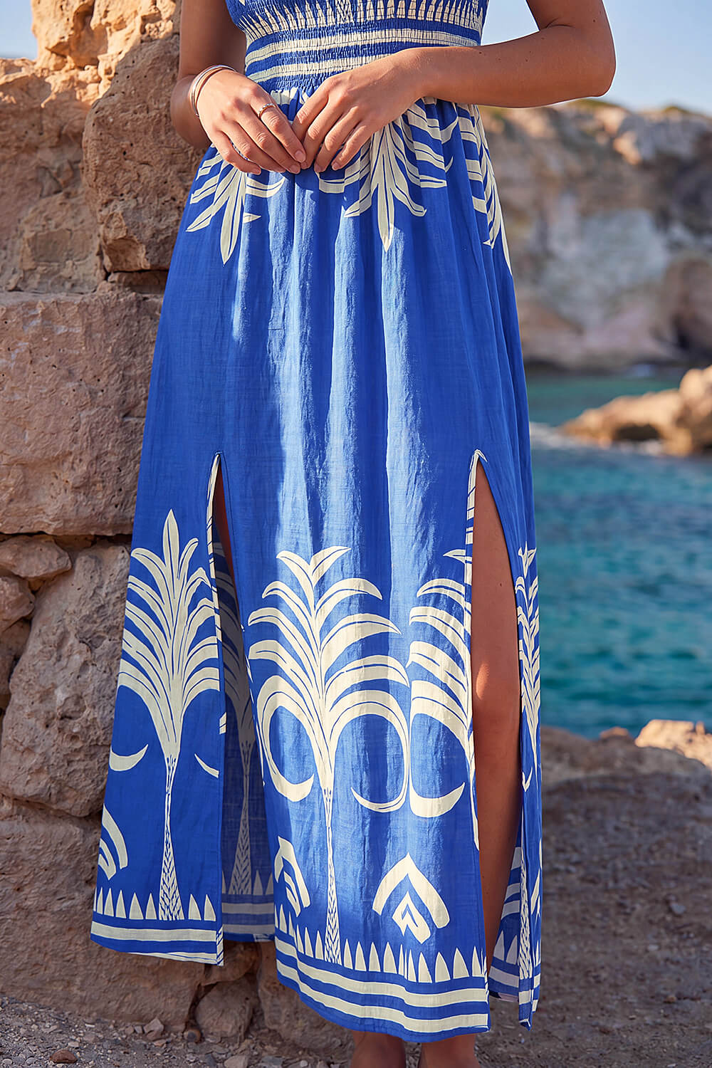 Royal Blue Leaf Print Shirred Bardot Dress, Image 5 of 4