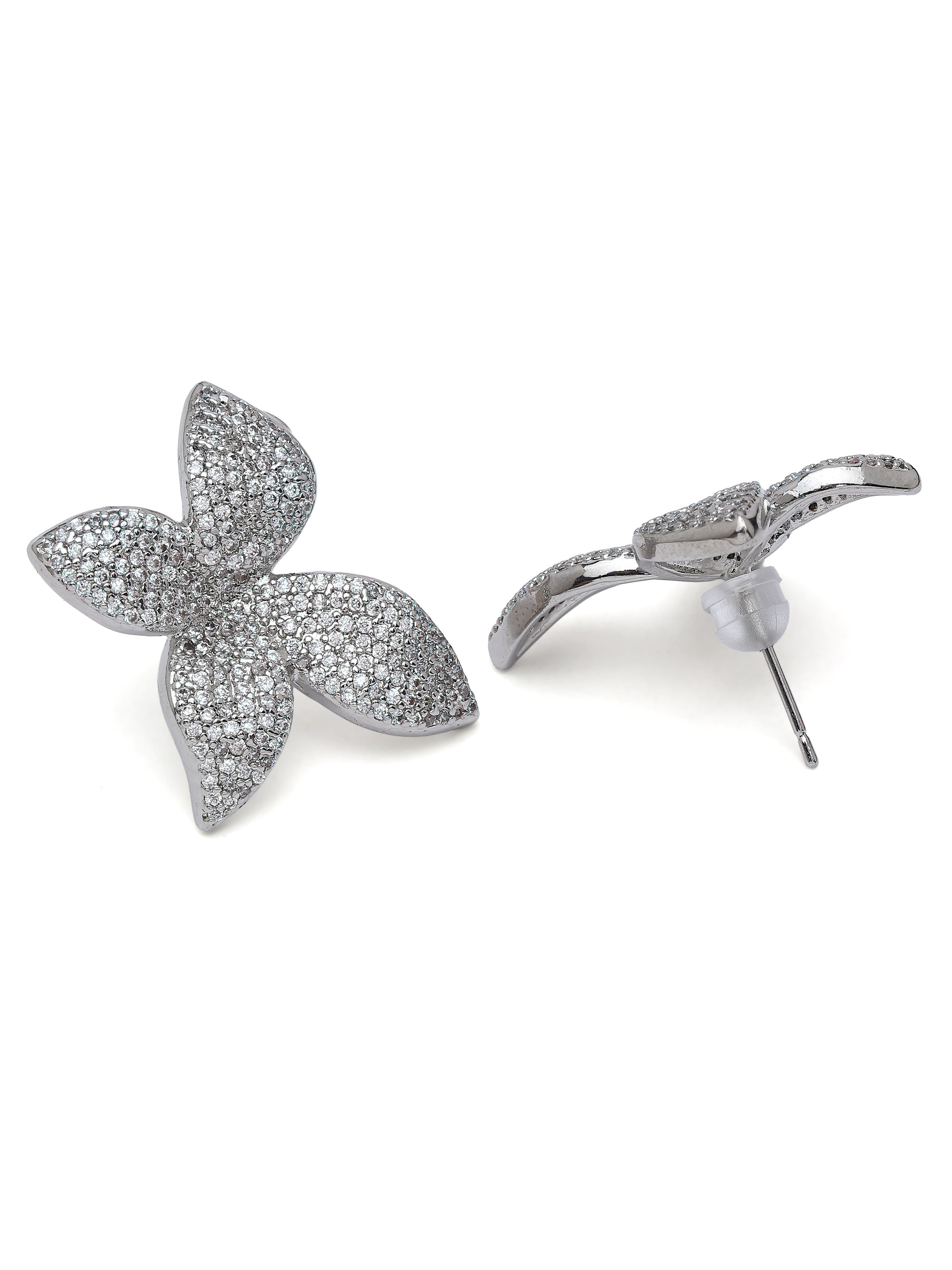 Silver Pavé Floral Stud Earrings, Image 2 of 3