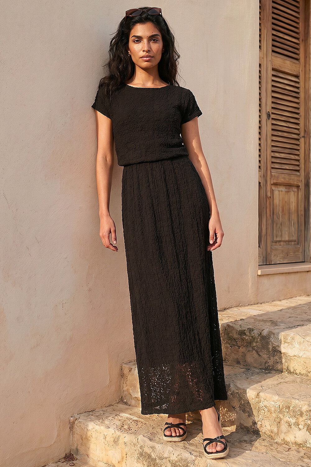 Roman Women's Black Textured Floral Lace Maxi Dress Size 18
