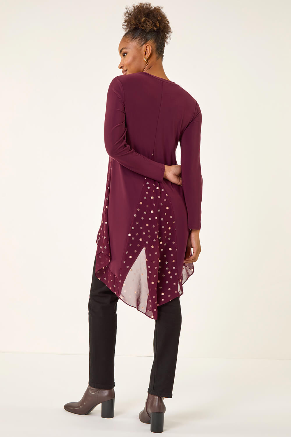 Burgundy Foil Spot Print Chiffon Hem Top, Image 1 of 5
