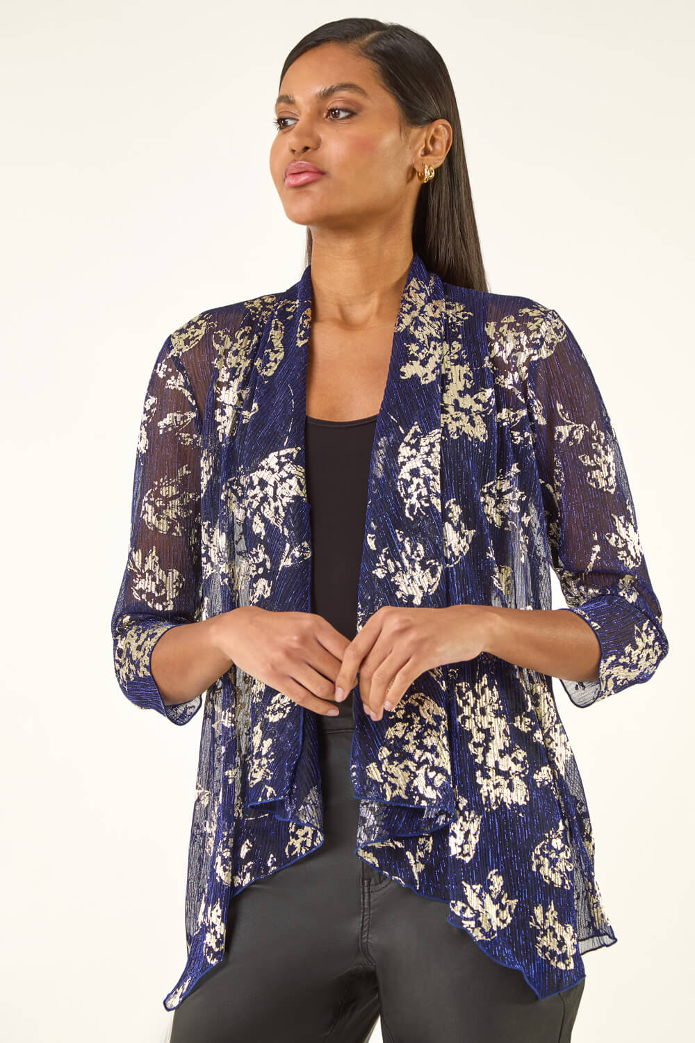 Gold Floral Plisse Jersey Cardigan, Image 5 of 5
