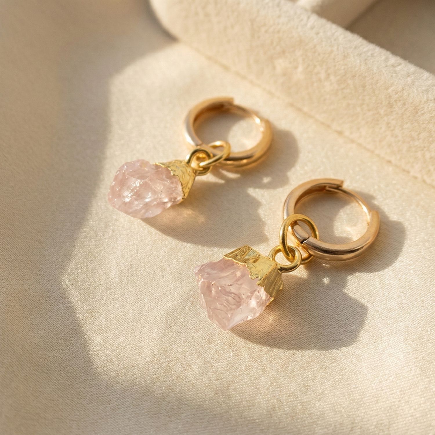 Gold Raw Rose Quartz October Birthstone Gold Plated Huggies, Image 1 of 4
