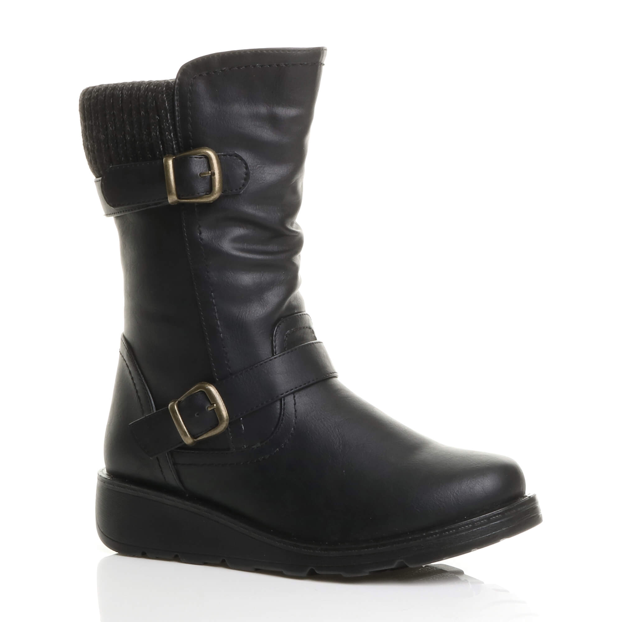 Black Low Wedge Heel Comfort Calf Biker Boots