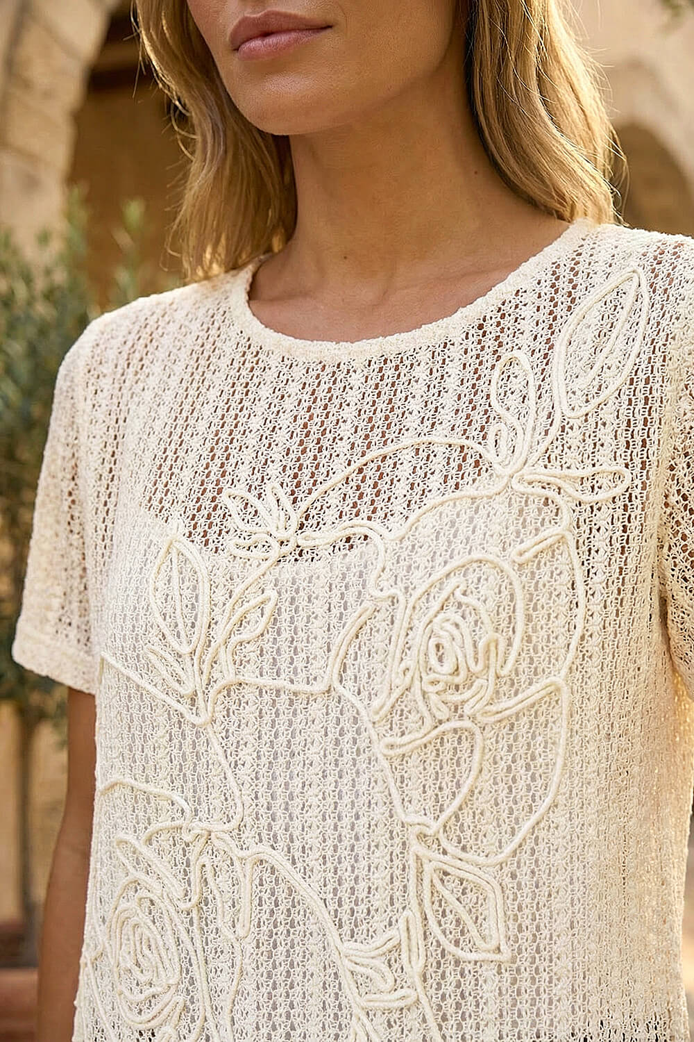 Cream Textured Floral Line Stretch Top, Image 5 of 4