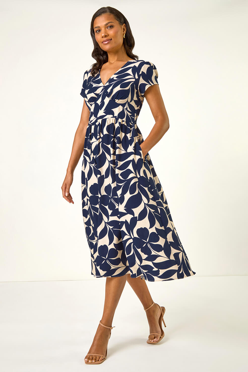 Navy Leaf Print V-Neck Midi Dress