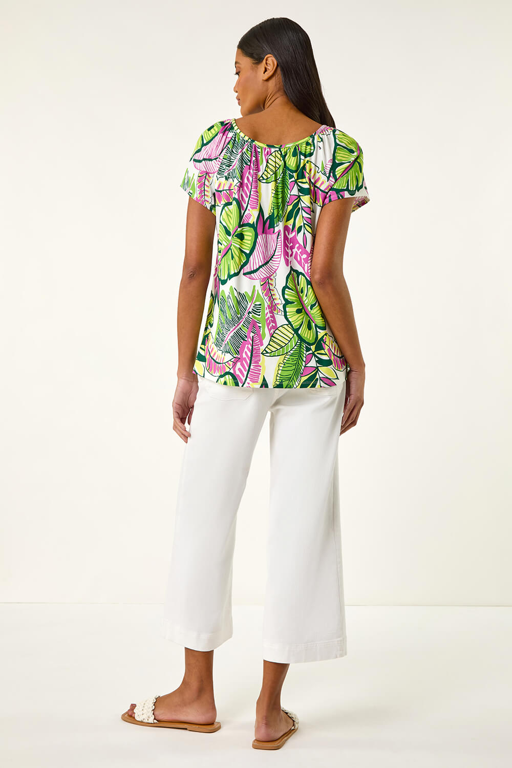 PINK Leaf Print V-Neck Stretch Top, Image 4 of 5