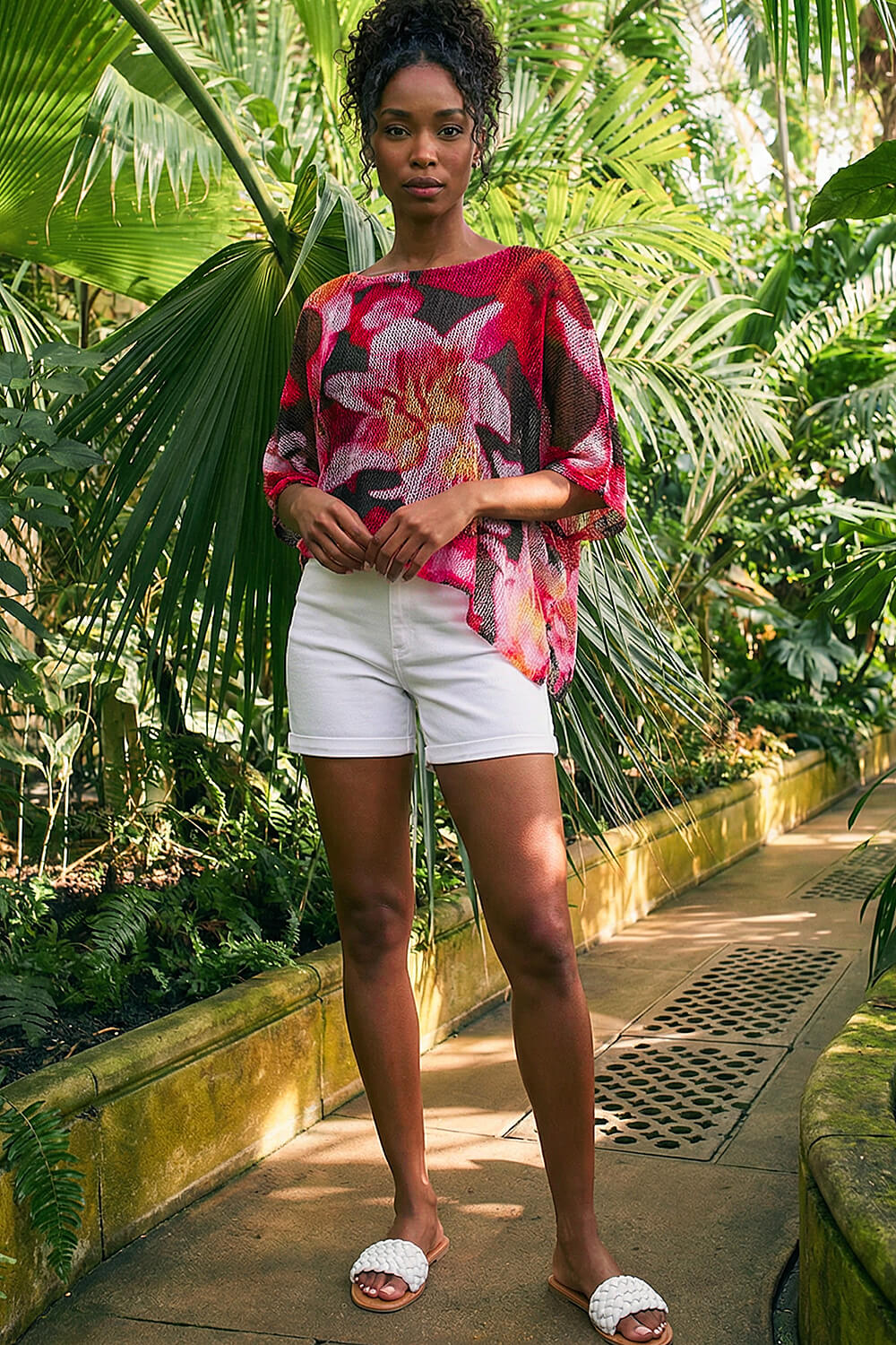 Fuchsia Floral Print Mesh Overlay Top, Image 3 of 4