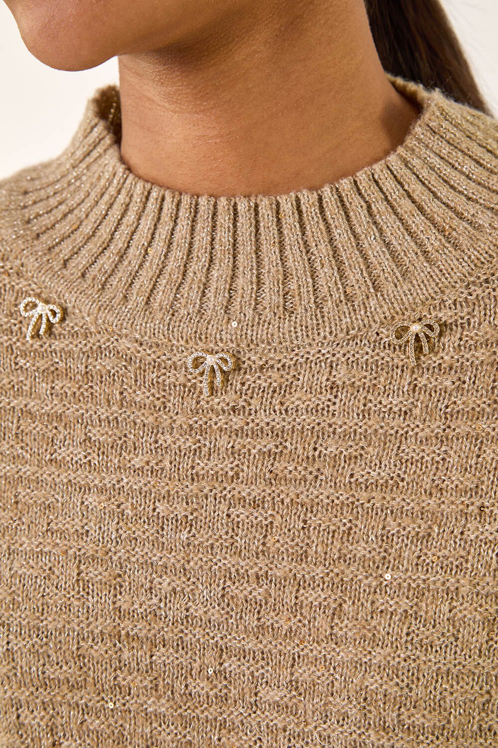 Taupe Sequin Bow Embellished Knit Jumper, Image 6 of 5
